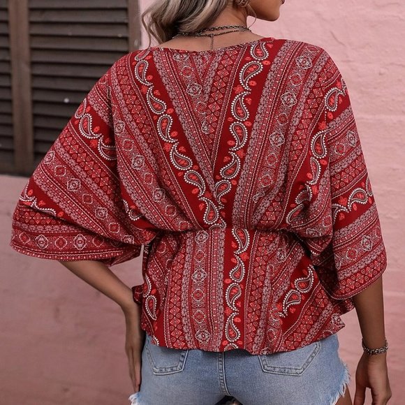 Boho Womens Paisley Print Batwing Sleeve Peplum Blouse - Picture 2 of 5
